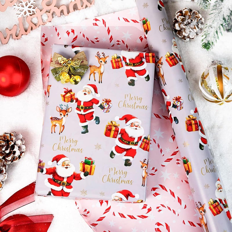 MAYPLUSS Reversible Christmas Wrapping Paper, Santa Wrapping Paper, Vintage Santa Claus with Cute Reindeer Themed Christmas Gift Wrap for Gift Packaging, Festive Decoration (17 Inch X 33 Feet) - Image 2